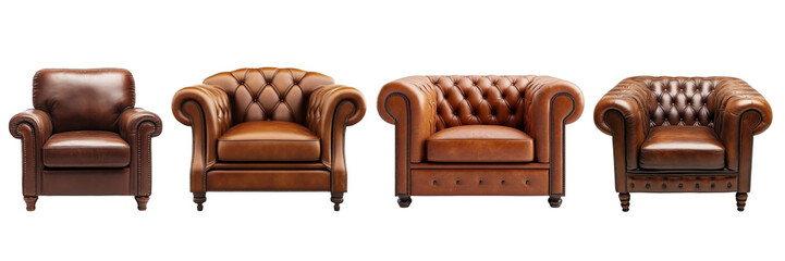 A row of four elegant leather armchairs showcasing distinct designs and rich brown tones.