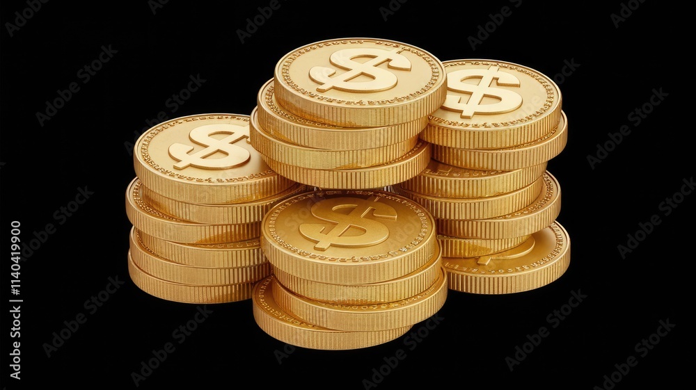 Poster stacks of golden coins displaying dollar signs symbolizing wealth and financial success.