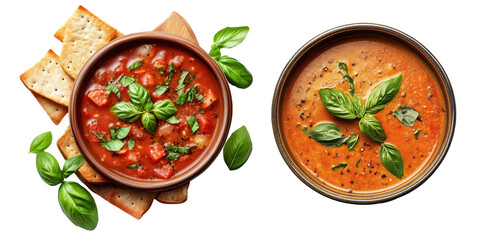 Two bowls of vibrant soups, one featuring tomatoes and herbs, accompanied by crispy crackers and fresh basil leaves.