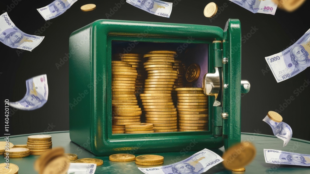 Poster wealth and security symbolized by overflowing safe with gold coins.