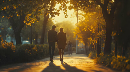 Golden Hour Couple Stroll Romantic Illustration
