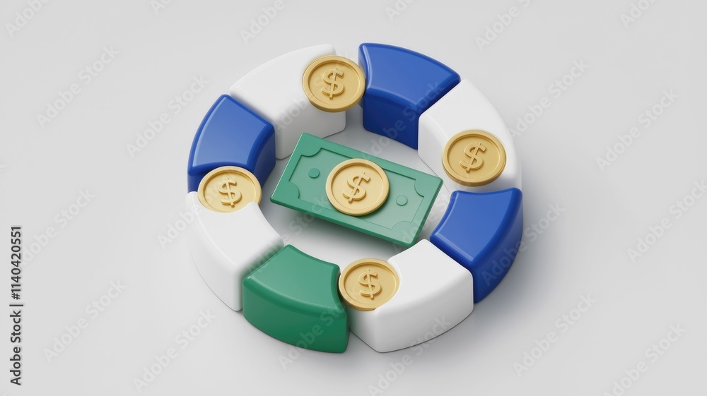 Aufkleber Circular chart visualizing financial distribution with coins and dollar bill.