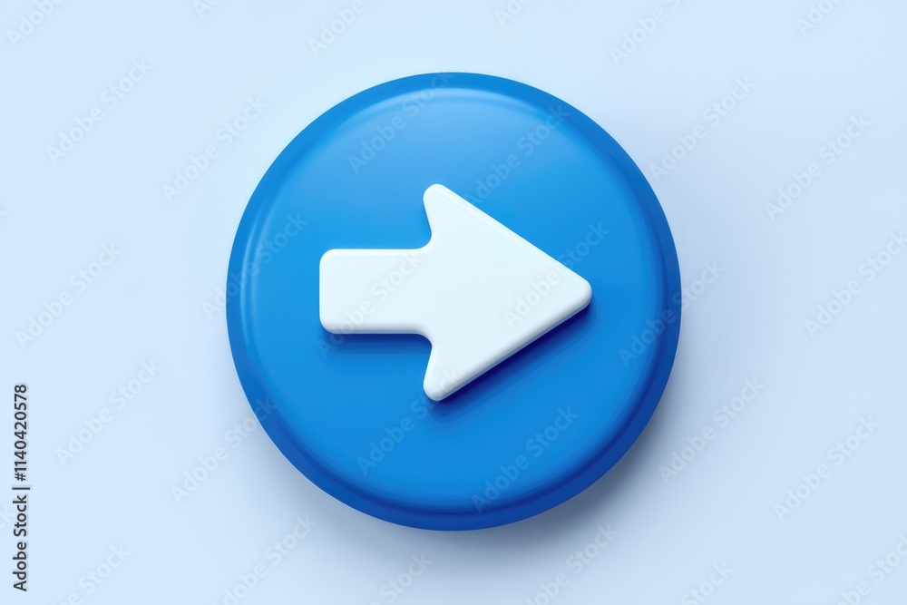 Poster A 3D rendered blue circle button with a white right arrow  signifying next  forward  or continue.
