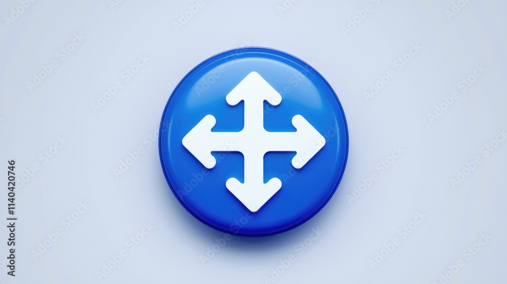 Poster Blue circular button with four white arrows symbolizing movement options.