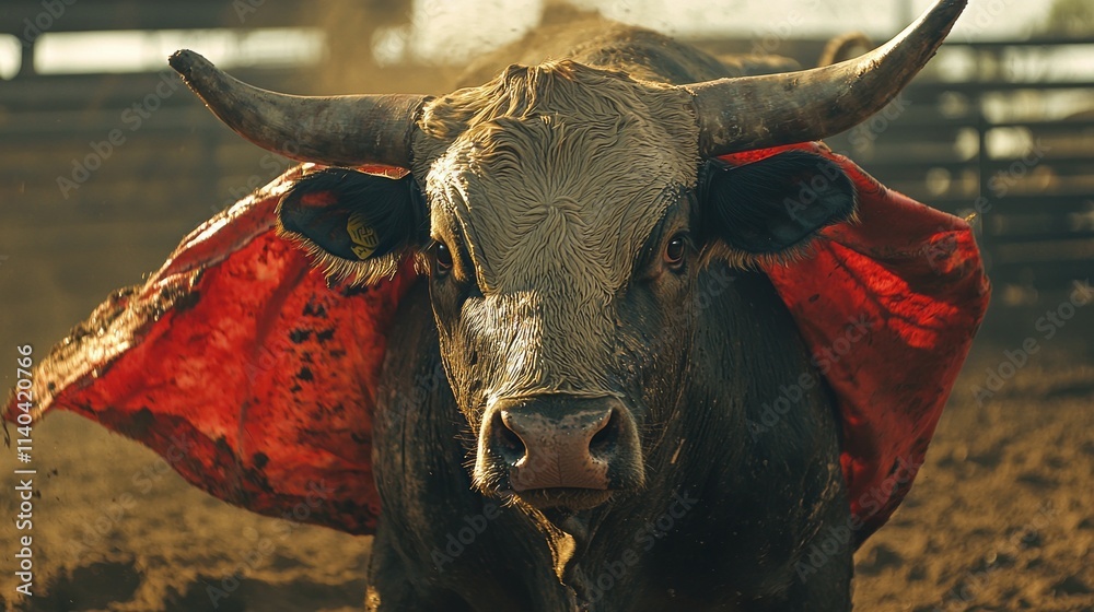 Poster a bull with a red cape on its back