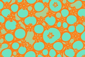 Abstract Pattern: Vivid orange and turquoise abstract pattern featuring a repeating motif of stylized flowers and organic shapes.  