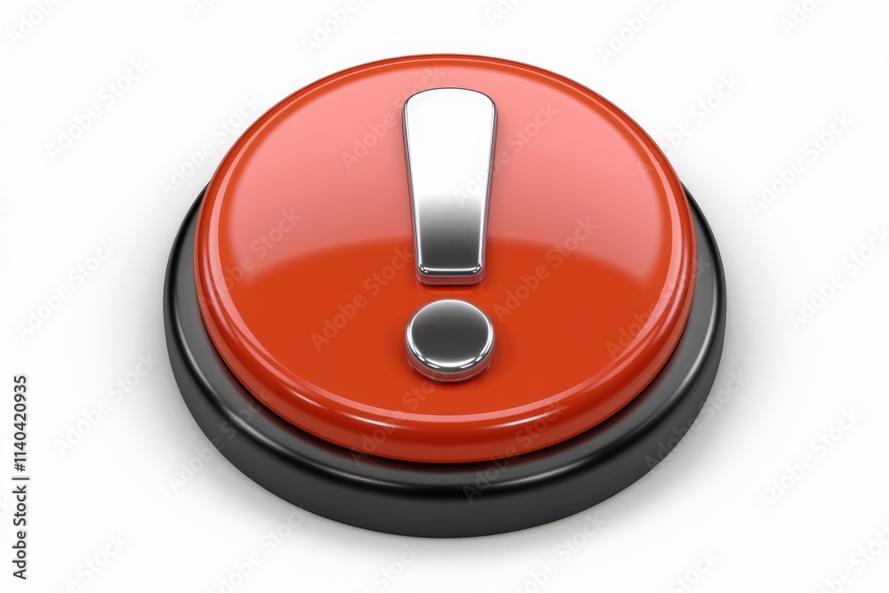 Aufkleber A red button with a metallic exclamation mark  signifying alert or warning.