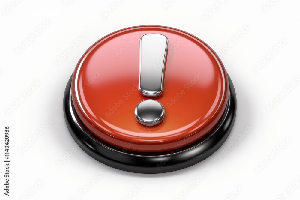 Poster A red button with a metallic exclamation mark signifying alert or warning.