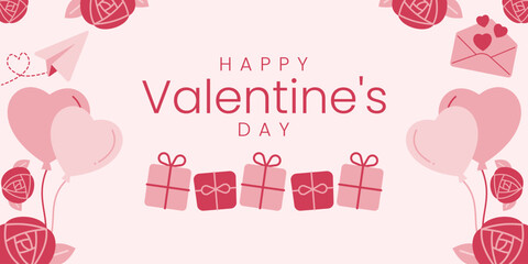Pink valentine's day background banner with Gift, heart balloon, rose flower.