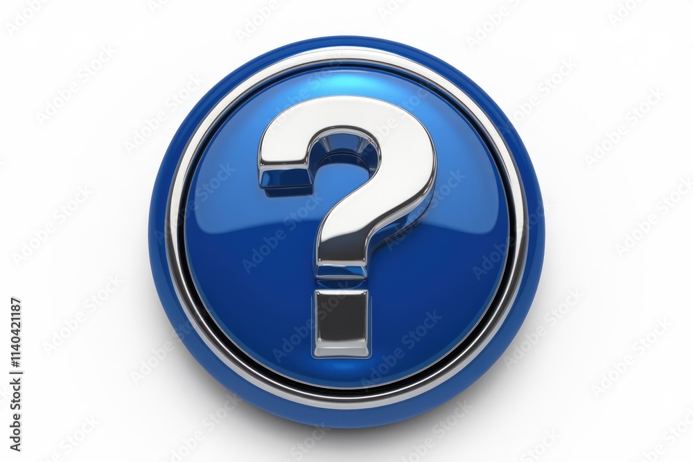 Poster A shiny blue circular button features a metallic question mark  symbolizing inquiry and help.