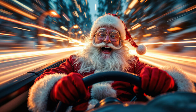 Santa enjoys a thrilling ride driving an open car through a snowy landscape at night amid streaking lights in speedy motion blur, capturing the essence of holiday cheer and excitement. Copy space