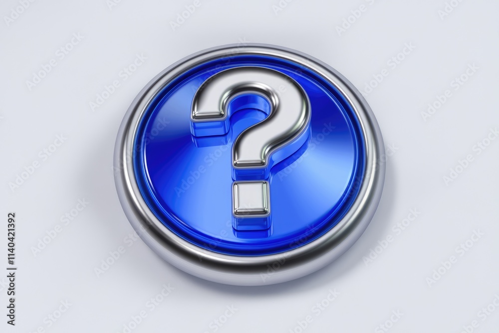 Poster A 3D rendered blue button with a silver question mark  symbolizing inquiry or uncertainty.