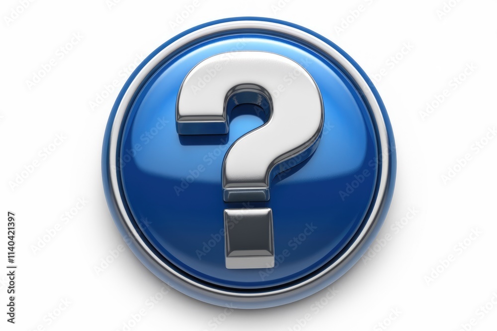 Aufkleber A blue button with a metallic question mark  symbolizing inquiry and help.