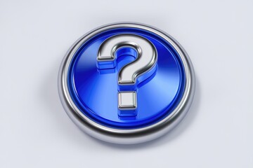 A 3D rendered blue button with a silver question mark  symbolizing inquiry or uncertainty.