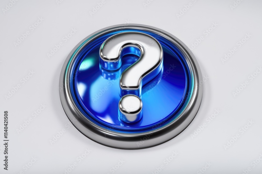Poster a shiny silver question mark on a vibrant blue circular button.