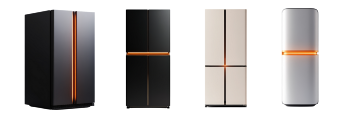 A collection of refrigerators showcasing different colors and designs, featuring a distinctive orange stripe.