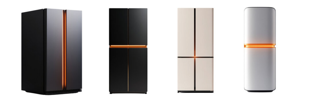 A collection of refrigerators showcasing different colors and designs, featuring a distinctive orange stripe.