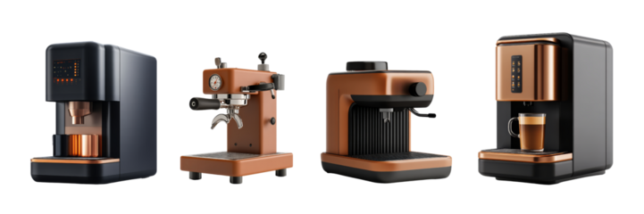 A collection of four stylish coffee machines showcasing modern designs and varying functionalities.