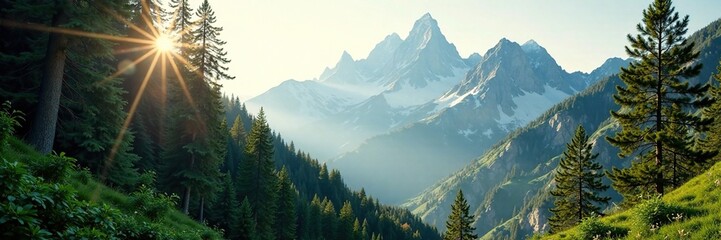 Fototapeta premium Dappled sunlight filtering through the forest canopy above towering mountain peaks, scenery, dappled light, forest