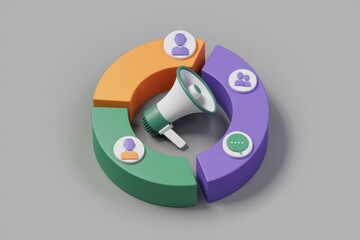 A megaphone at the center of a circular diagram showcasing communication and audience engagement.