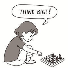 Girl Inspired by Chess with Thought Bubble Saying Think Big in a Creative Illustration