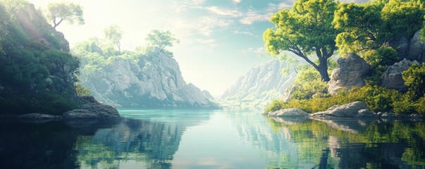 Beautiful Fantasy Landscape with Trees and Rocky Limestone Cliffs. Creative Natural Background with Reflective Lake. Panoramic Nature Concept.