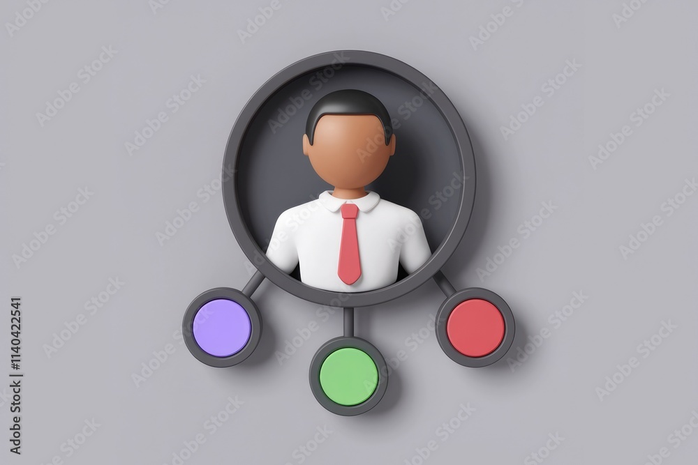 Aufkleber Businessman connected to colored circles symbolizing networking collaboration in 3D.