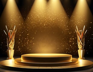 Gold background podium award stage light golden win 3D platform. Background luxury gold podium winner ceremony spotlight star abstract shine prize champion design product template