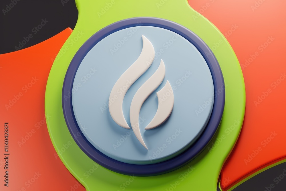 Poster abstract 3d render of a stylized flame logo on colorful layers.