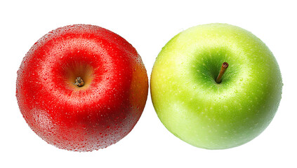 Red and green apples with water droplets png isolated on transparent background