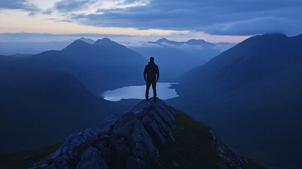 A silhouetted figure stands on a rocky peak, gazing at a serene lake surrounded by misty mountains during twilight.