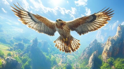 Majestic hawk soaring over a mountainous landscape under a bright sun.