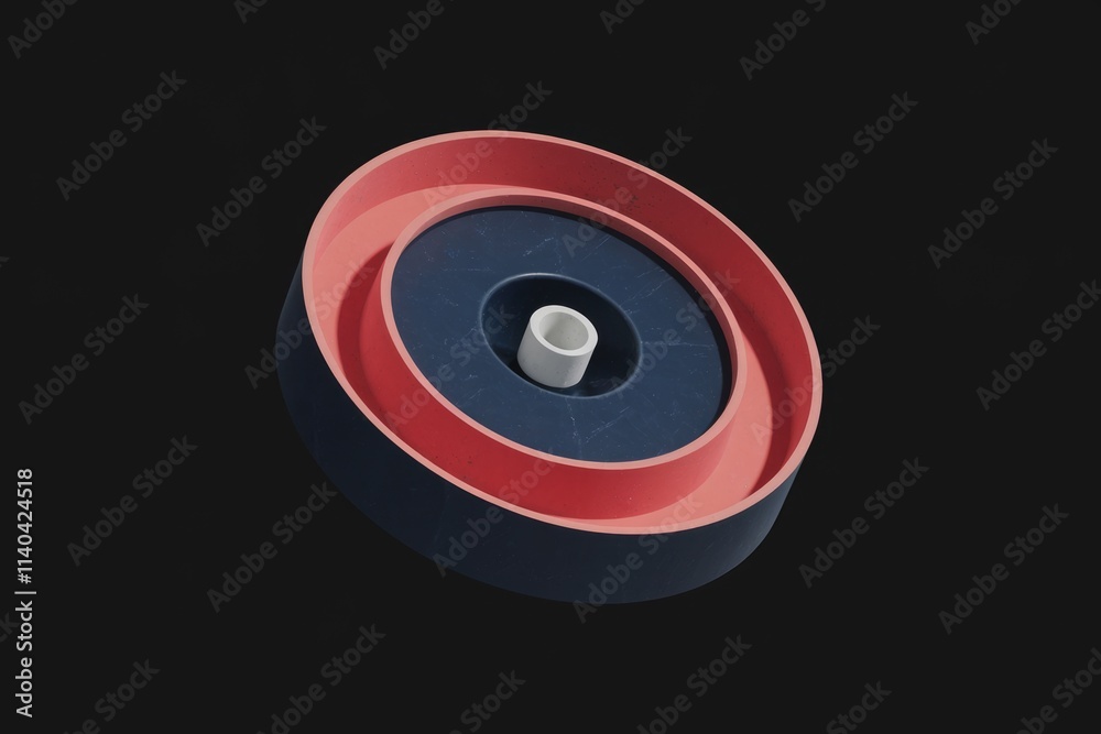 Poster Abstract 3D rendering of a circular object with concentric rings in dark blue and coral.