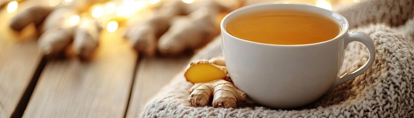 A cup of warm ginger tea on a cold day, promoting wellness