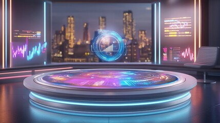 Obraz premium Tax submit finance audit calculation submission. A futuristic studio featuring colorful digital displays, a globe centerpiece, and a city skyline backdrop, ideal for broadcasting or presentations.