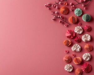 Obraz premium Intricate origami dumplings with vibrant Chinese New Year lanterns, papercut style, symbolizing festive traditions and culinary art