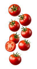 Multiple red tomatoes falling in the air png isolated on transparent background