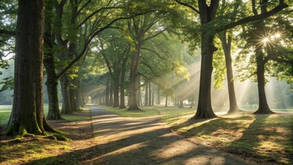 Beautiful sunbeams are filtering through the trees in a serene park, creating a magical atmosphere with light and shadows on the pathway and grass