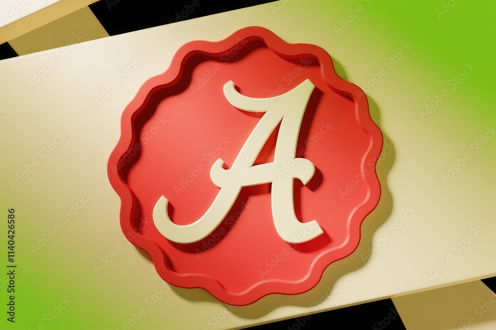 Poster a stylized letter a in a red scalloped frame; a logo design.