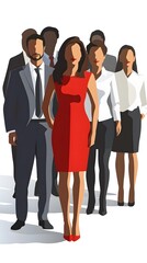 Fototapeta premium A group of business people standing, with one woman in a red dress as the leader