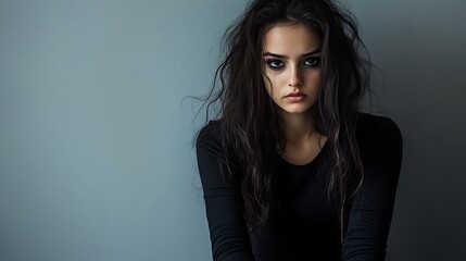 Naklejka premium Moody Portrait: Woman with Messy Hair Against a Gray Background. AI Generated