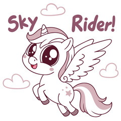 Cute cartoon unicorn with wings, joyful expression and playful design in a whimsical sky setting