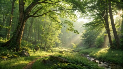 Fototapeta premium Sunbeams are filtering through the trees in a lush green forest, illuminating a small stream flowing through the vibrant vegetation, creating a serene and magical atmosphere