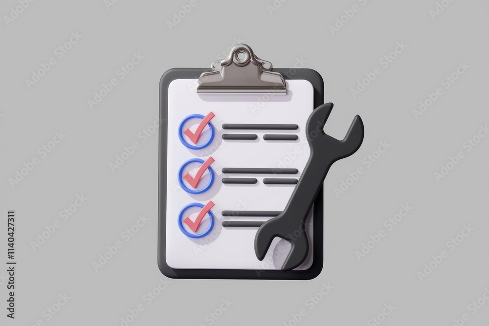 Poster Checklist with checkmarks and a wrench  symbolizing task completion and maintenance.