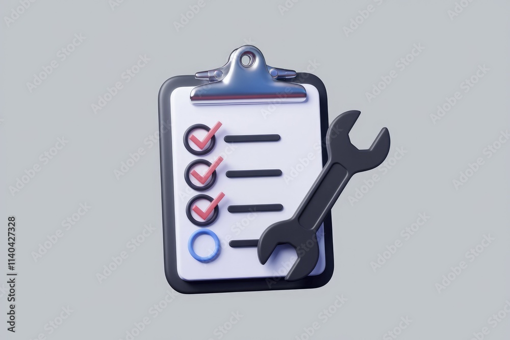 Poster checklist with a wrench symbolizing maintenance repair or task management.