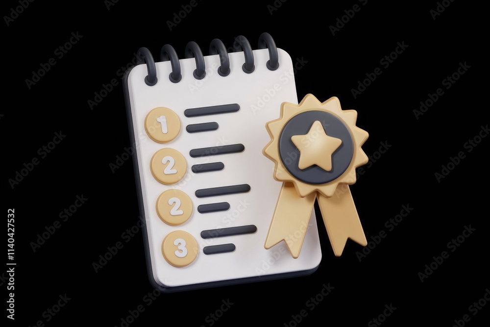 Poster A 3D rendered notepad with numbered points and a gold medal  signifying achievement and ranking.