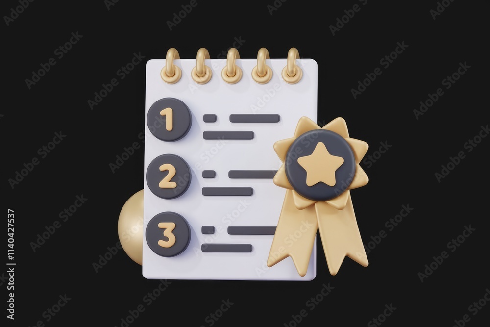 Poster 3D rendered checklist with a gold award  signifying achievement and task completion.