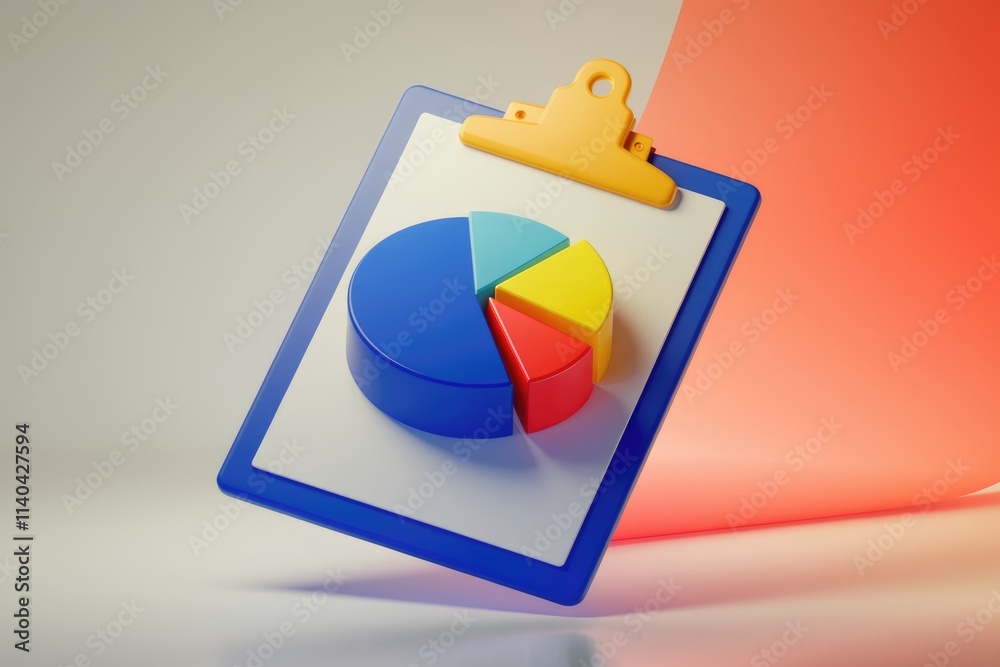 Poster 3D clipboard with colorful pie chart for data analysis.