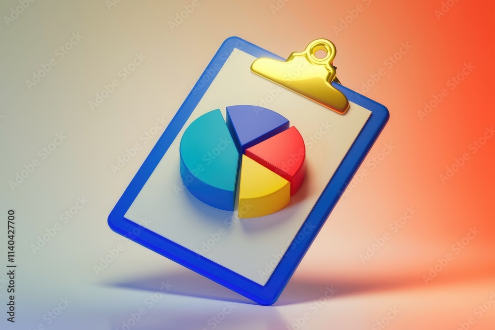 Poster 3D clipboard with colorful pie chart for data analysis.
