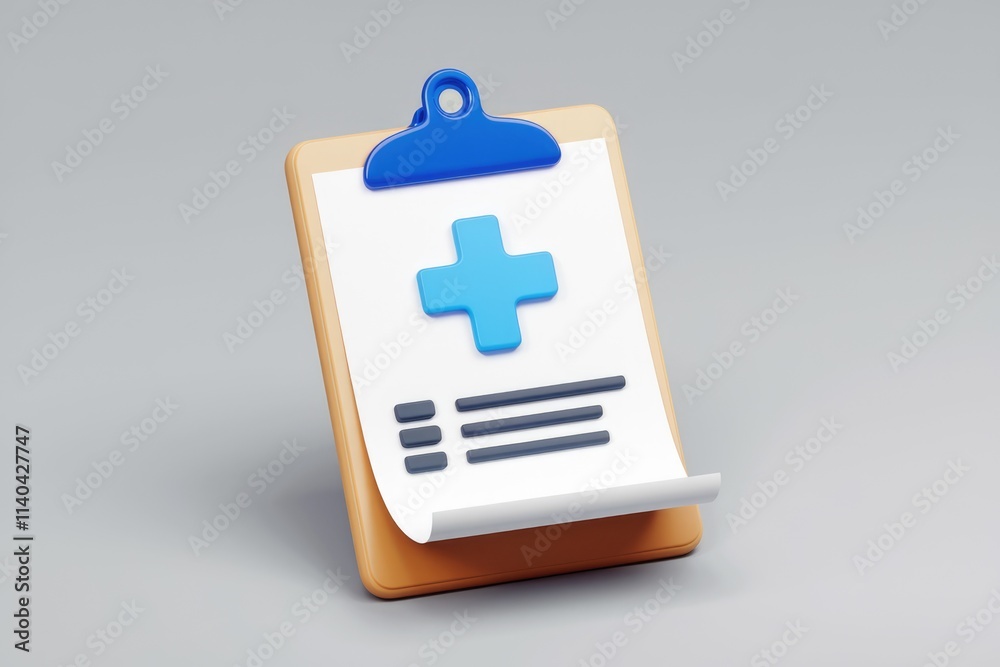 Poster A 3D rendering of a medical clipboard with a plus sign and a list  symbolizing healthcare records.